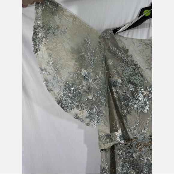 NEW $698 Mac‎ Duggal [ 20 ] Sleeve Flutter Floral Embellished Gown Seafoam - Picture 9 of 15